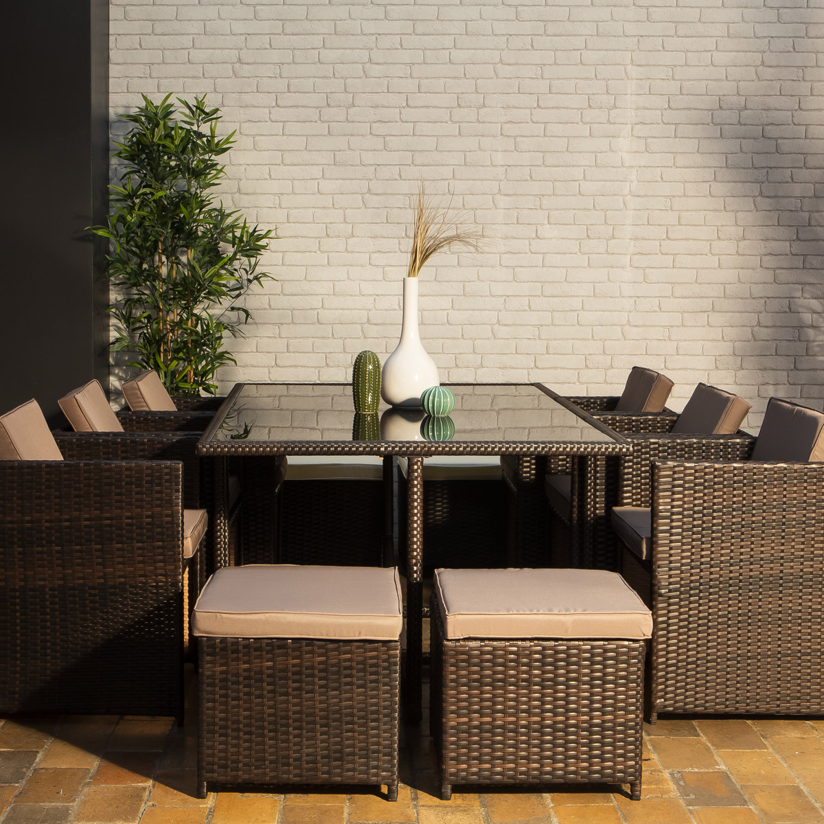 VASTO 10 Seater Cube Dining Set Brown Wicker Brown Cushions