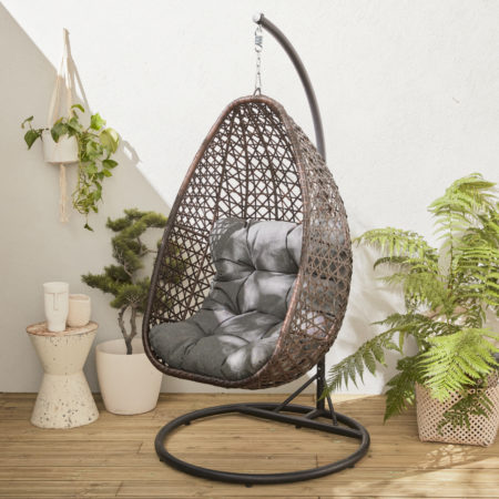 UOVO hanging chair outdoor swing chair brown and grey cushion