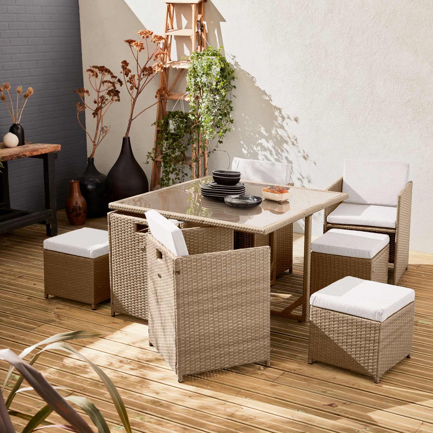 VABO 8 Seater 110cm Dining Set | Natural Wicker/Beige Cushions