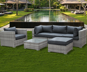 Outdoor Lounge 5 Seater Mix Grey Wicker/Grey Cushions Aluminium Frame CALIGARI
